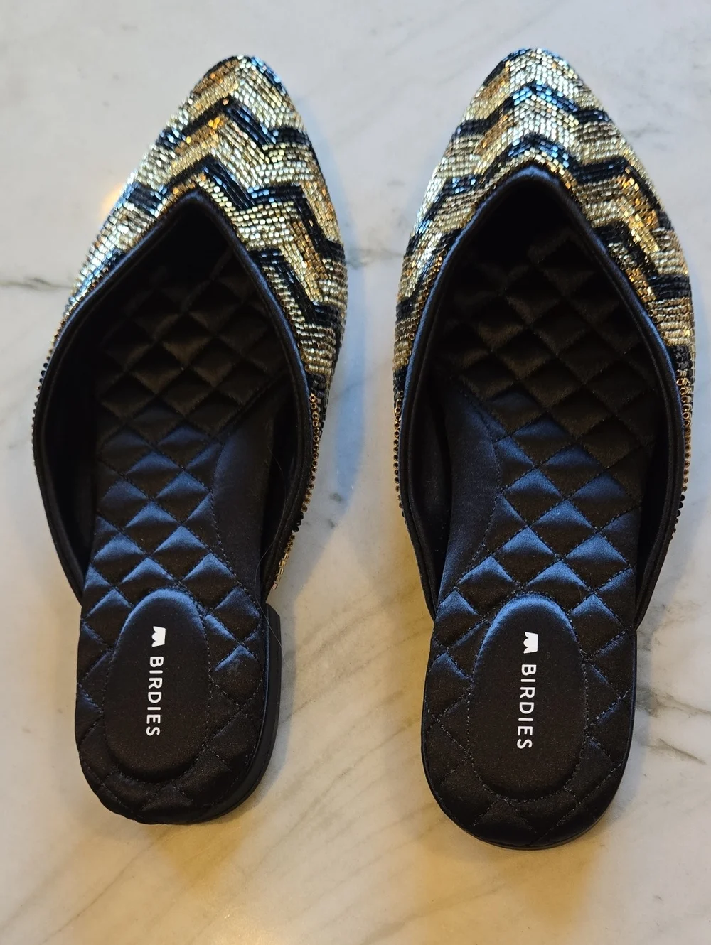 BIRDIES Shoes The SWAN Mules Deco Chevron Metallic Gold Bronze Black Size 8